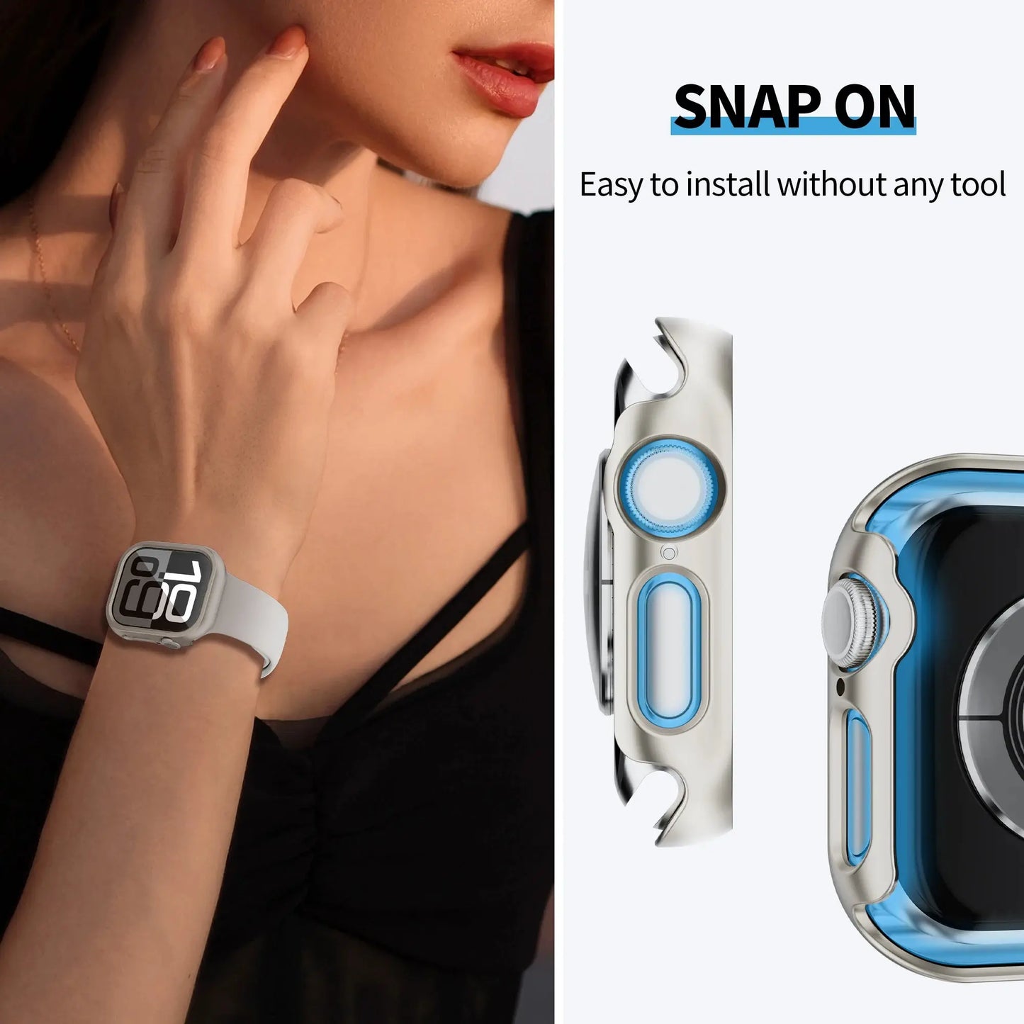 Apple Watch Series 10 protective case showing snap-on design, easy installation, and sleek look.