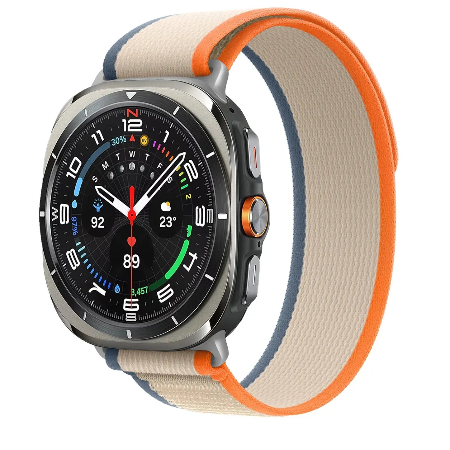 Galaxy Watch Ultra with soft stretchy nylon trail bands in beige and orange, perfect for active lifestyles.
