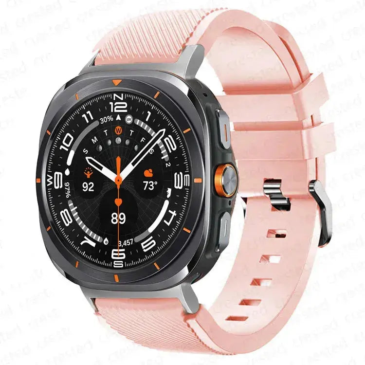 Warrior rugged band for Samsung Galaxy Watch Ultra in pink silicone, designed for comfort and durability during sports and outdoor activities.