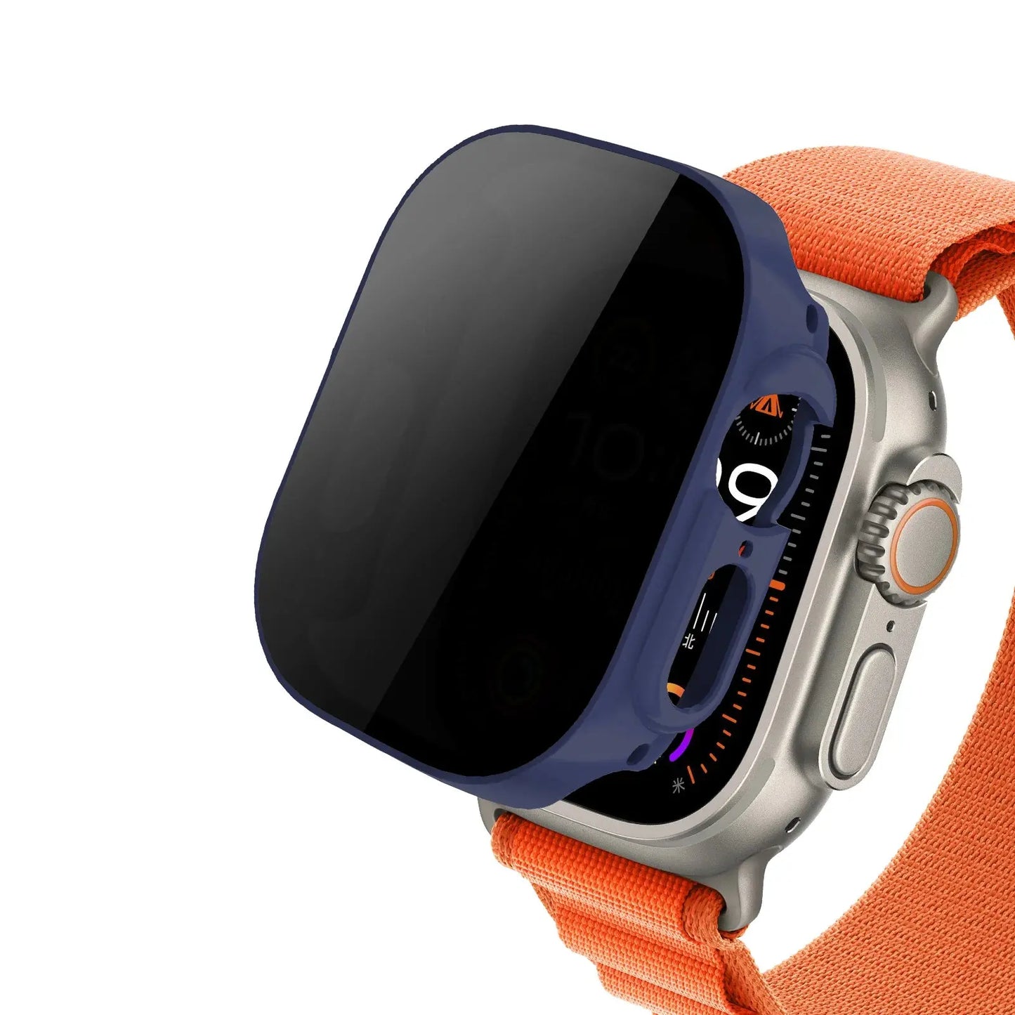 Protection + Privacy Case for Apple Watch with anti-spy tempered glass screen and orange strap.