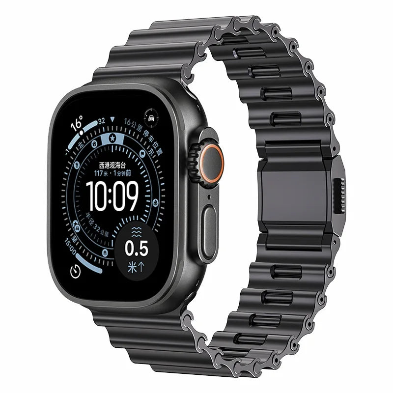 Magnetic Metal Band for Apple Watch Ultra 3 & Series 11–4 with modern ribbed design and magnetic secure lock.