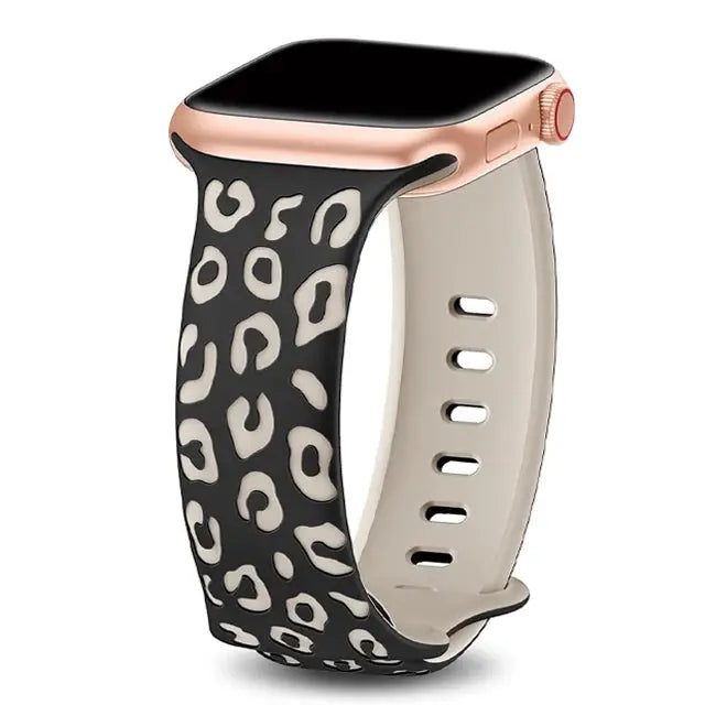 Dual color silicone engraved band for Apple Watch featuring a stylish leopard print design, perfect for men and women.