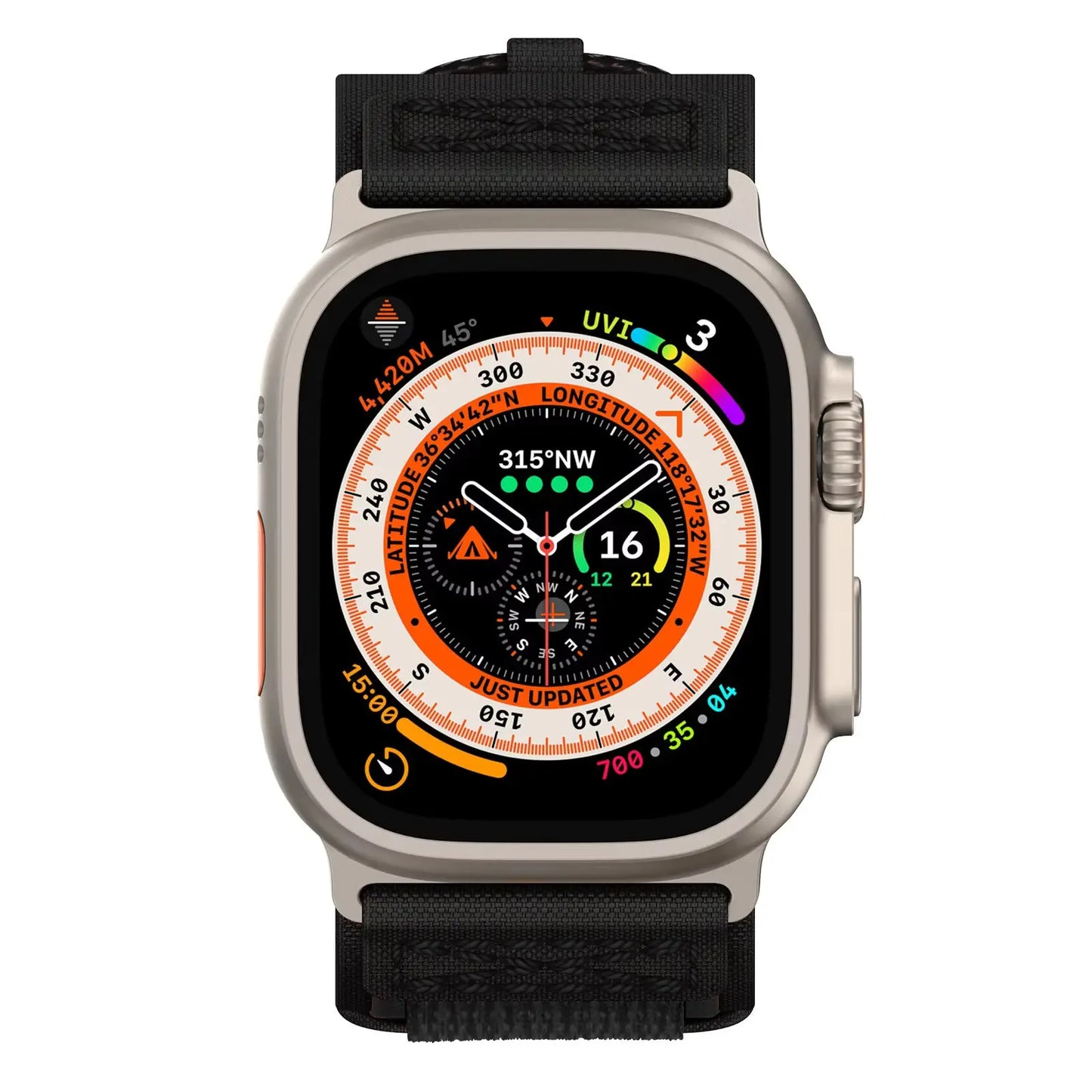 Apple Watch displaying rugged tactical nylon woven bands for outdoor and active lifestyles.
