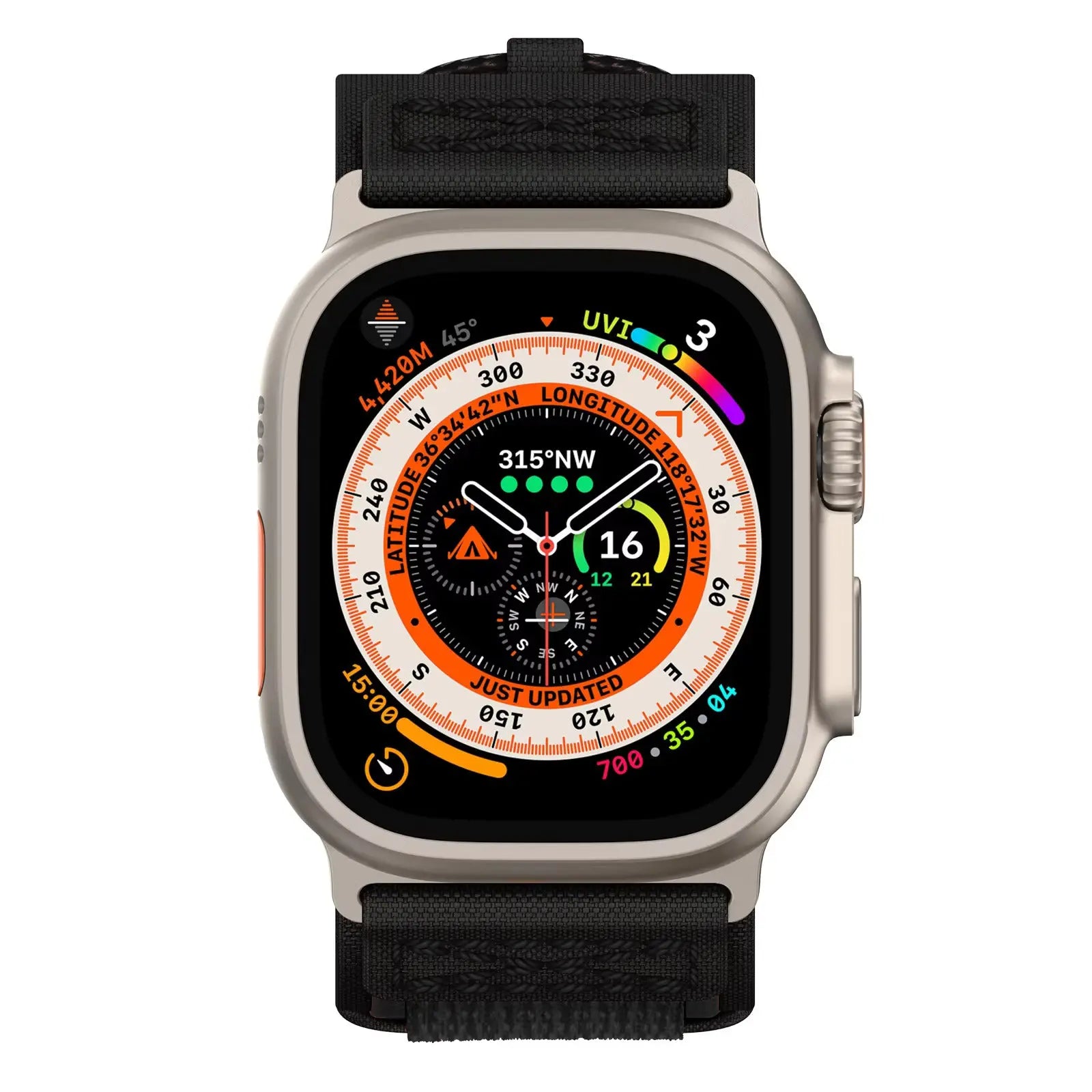 Apple Watch displaying rugged tactical nylon woven bands for outdoor and active lifestyles.