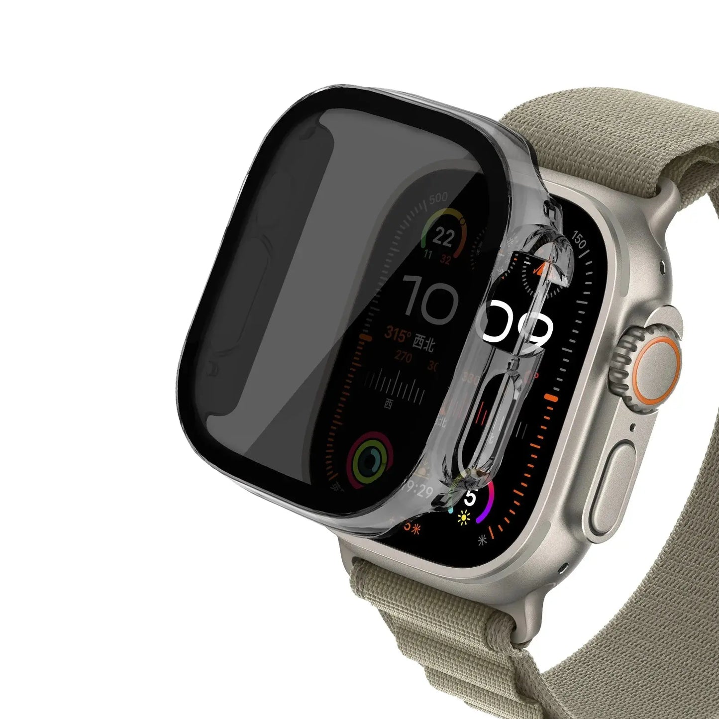 Apple Watch Protection + Privacy Case showcasing anti-spy tempered glass screen for durable, stylish security.