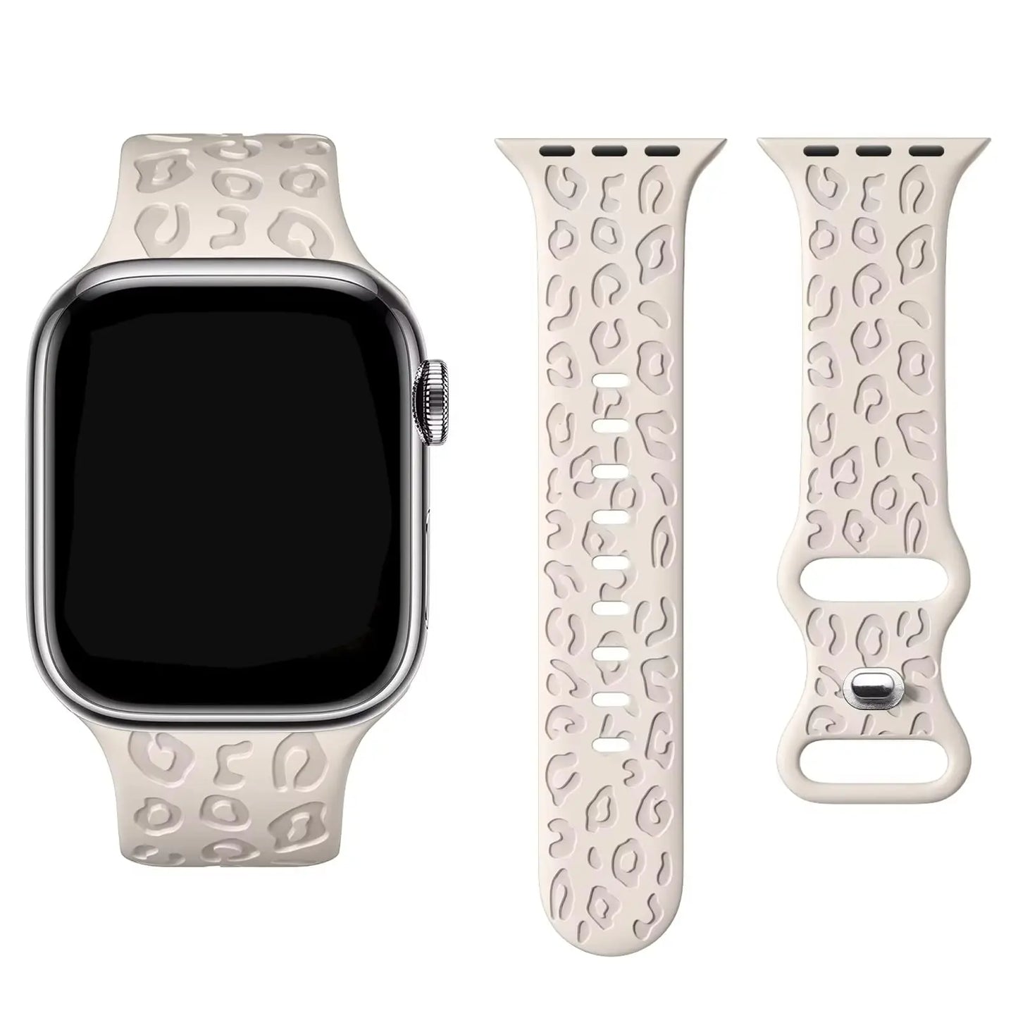 Engraved leopard's paws silicone watch band for Apple Watch, combining style and comfort in a unique design.