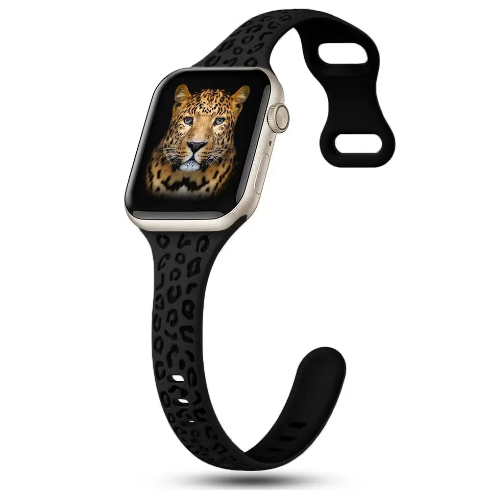 Engraved slim silicon band for Apple Watch featuring a fierce leopard pattern, showcasing style and individuality.
