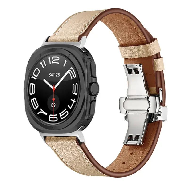 Classic Leather Ultra Band for Galaxy Watch Ultra, genuine leather with a butterfly clasp, offering elegance and comfort.