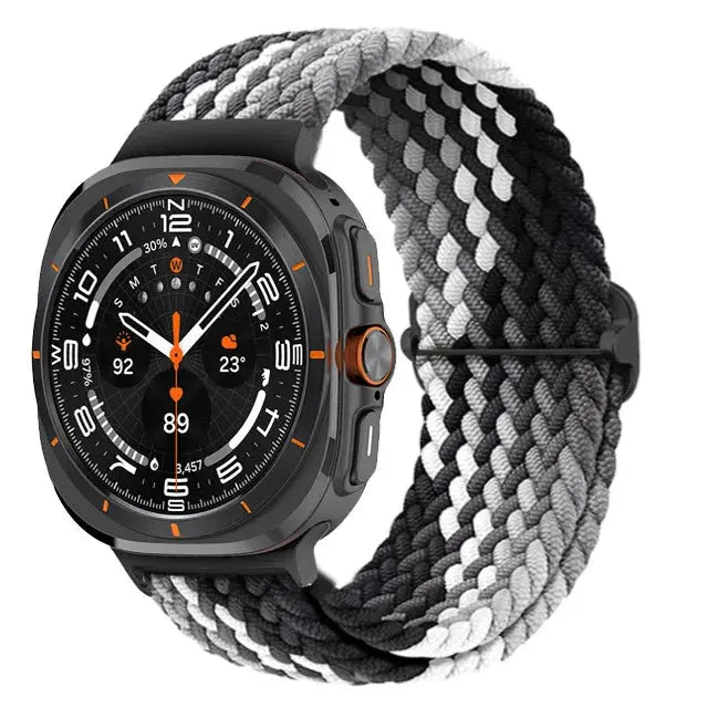 Braided nylon loop for Samsung Watch Ultra in black and grey with breathable design and stainless steel buckle.