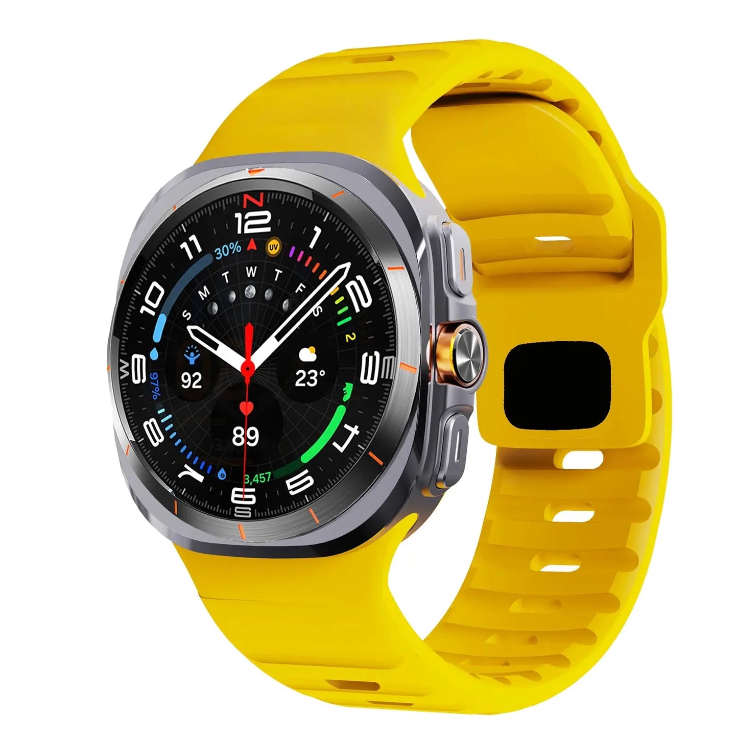Rugged yellow silicon band for Samsung Galaxy Watch Ultra, offering durability and style for active lifestyles.