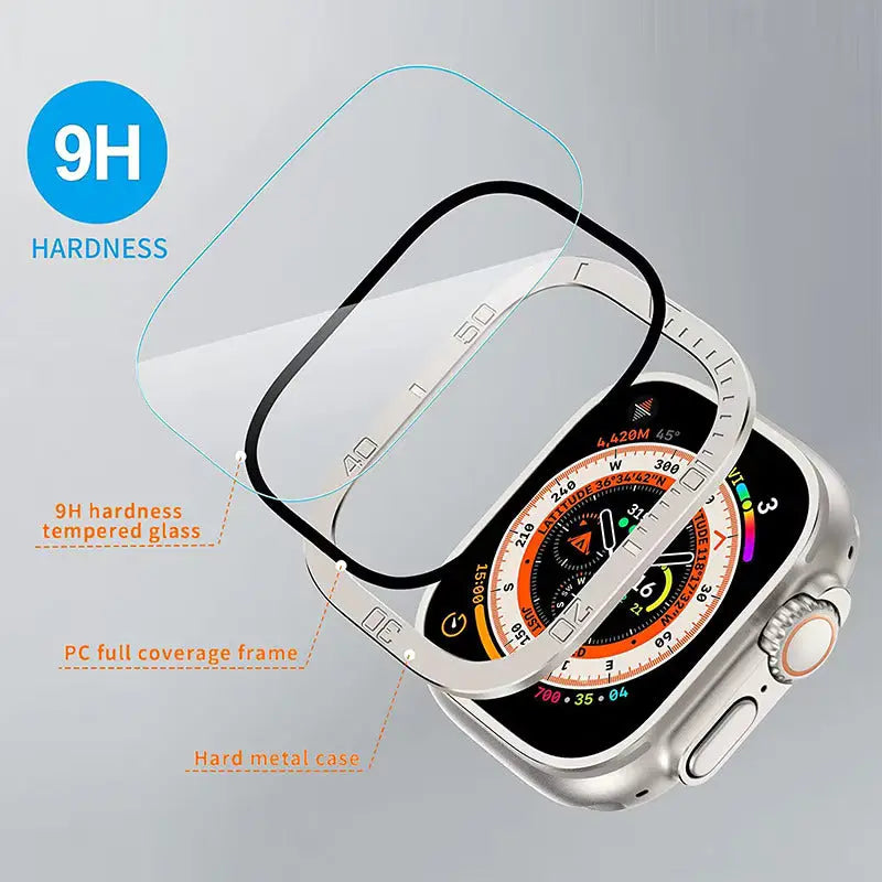 9H hardness tempered glass screen protector with metal case for Apple Watch Ultra 49mm, offering full coverage and durability.