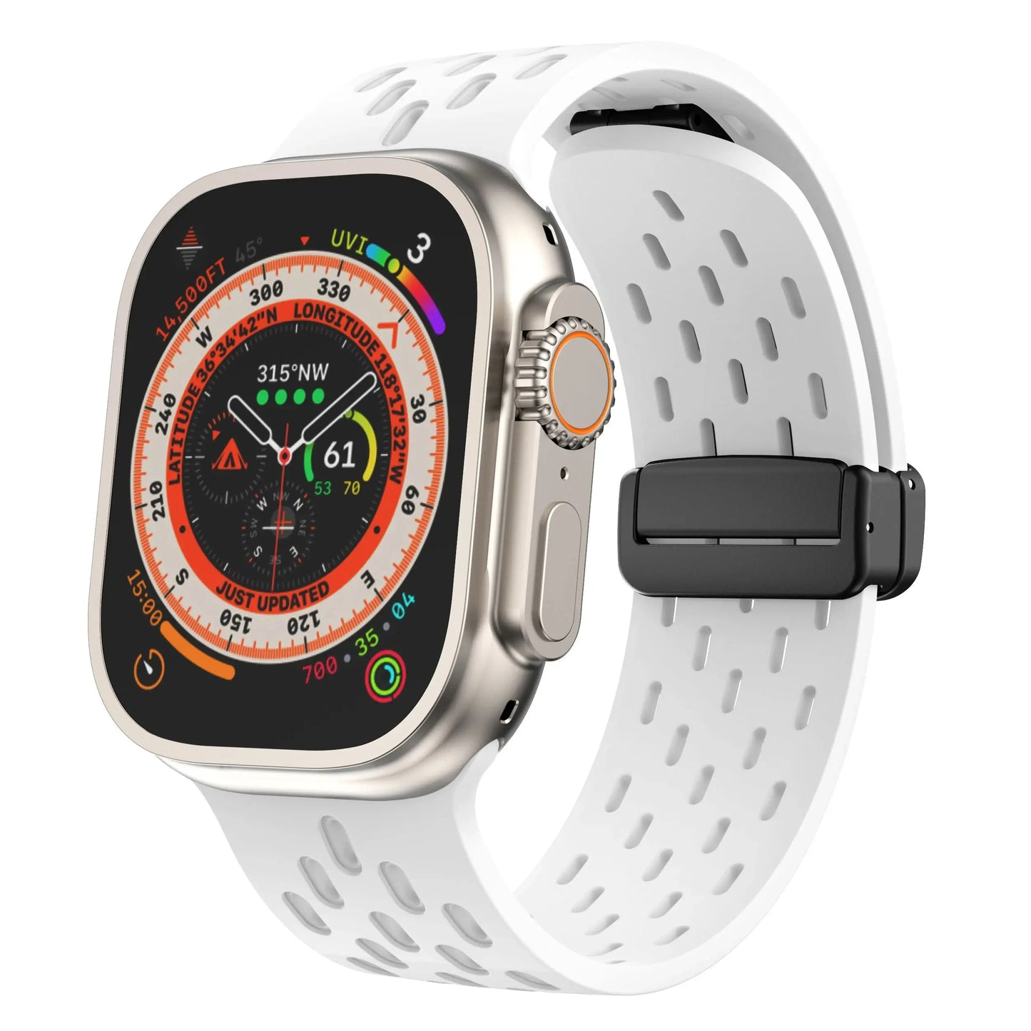 Breathable silicone magnetic clasp band on Apple Watch, designed for active lifestyles with optimal airflow and secure fit.