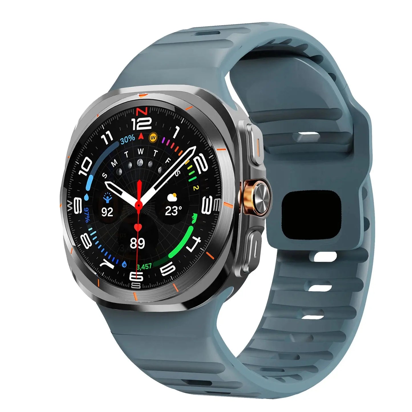 Rugged silicone band for Samsung Galaxy Watch Ultra in grey, designed for active lifestyles and comfort.