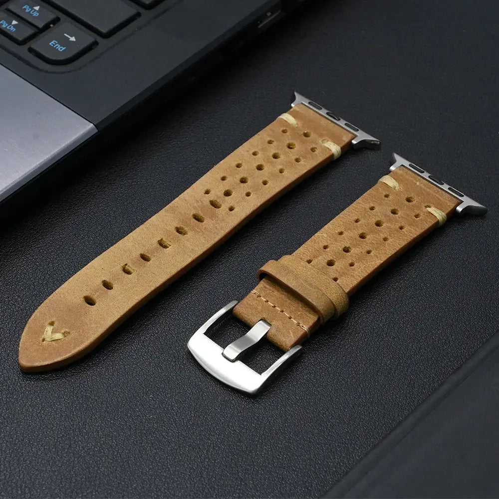 Enzo Classic Leather Band in tan, crafted from premium full-grain leather, showcasing perforations for airflow and comfort.