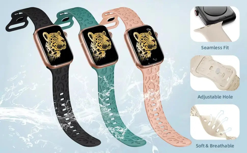 Engraved leopard's paws silicon bands for Apple Watch in black, teal, and pink colors, showcasing style and comfort.