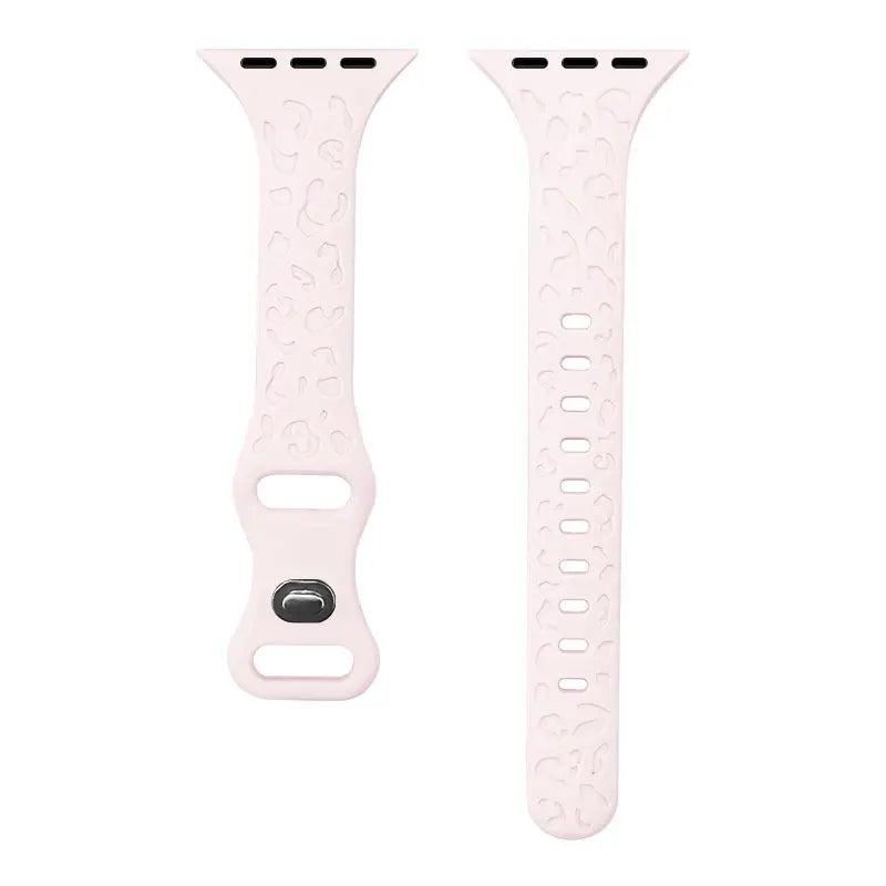 Slim silicon engraved leopard pattern bands for Apple Watch in soft pink color.
