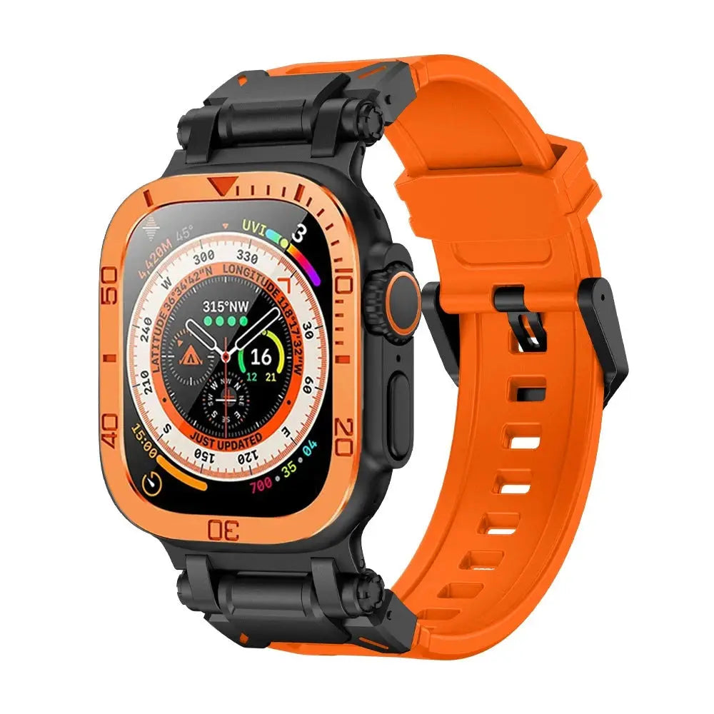Rugged silicon band with metal case for Apple Watch Ultra 49mm in orange, featuring a protective glass screen and sporty design.