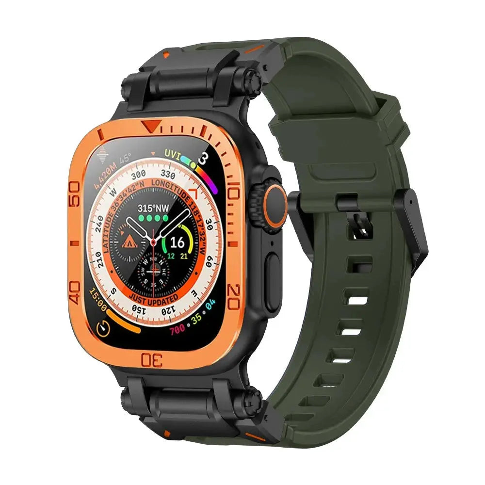 Rugged Apple Watch Ultra with green silicon band and protective metal case, perfect for an active lifestyle.