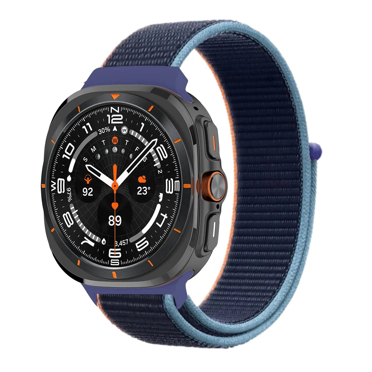 Nylon sports band for Samsung Watch Ultra, featuring breathable, waterproof fabric and a secure Velcro closure.