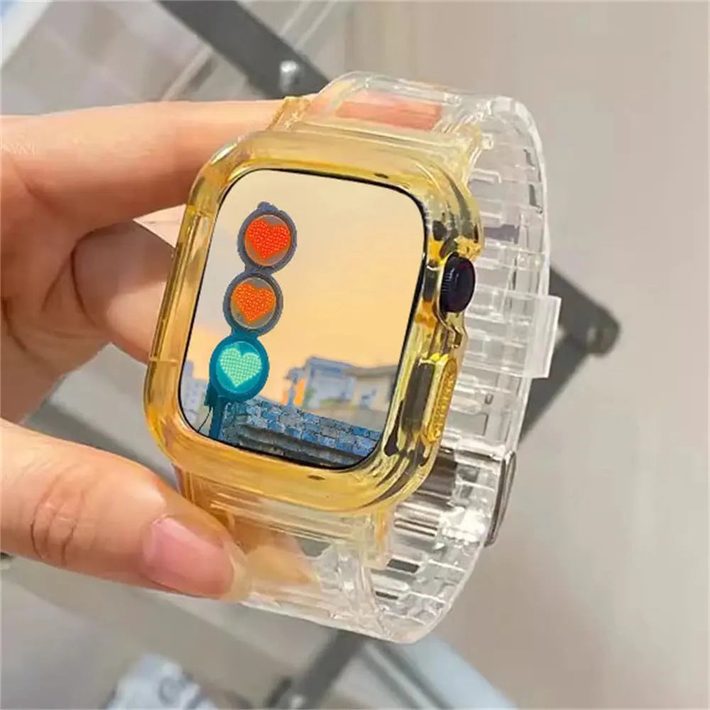 Korean cute transparent Apple Watch band and case showcasing a colorful traffic light design for a trendy look.