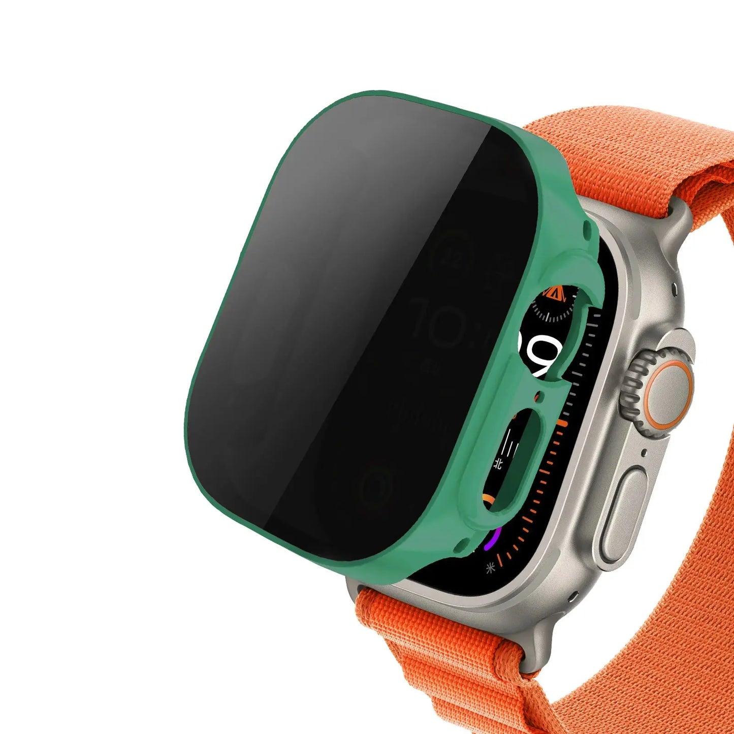 Apple Watch protected by a stylish green privacy case with anti-spy tempered glass and orange strap, showcasing durability and design.