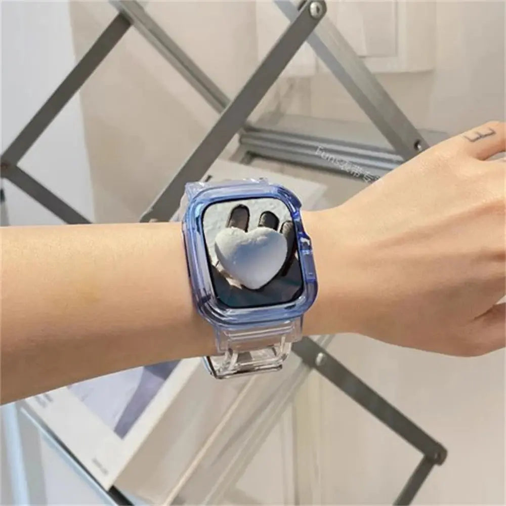 Korean cute transparent Apple Watch band with heart-shaped case, showcasing minimalist design and all-day comfort.