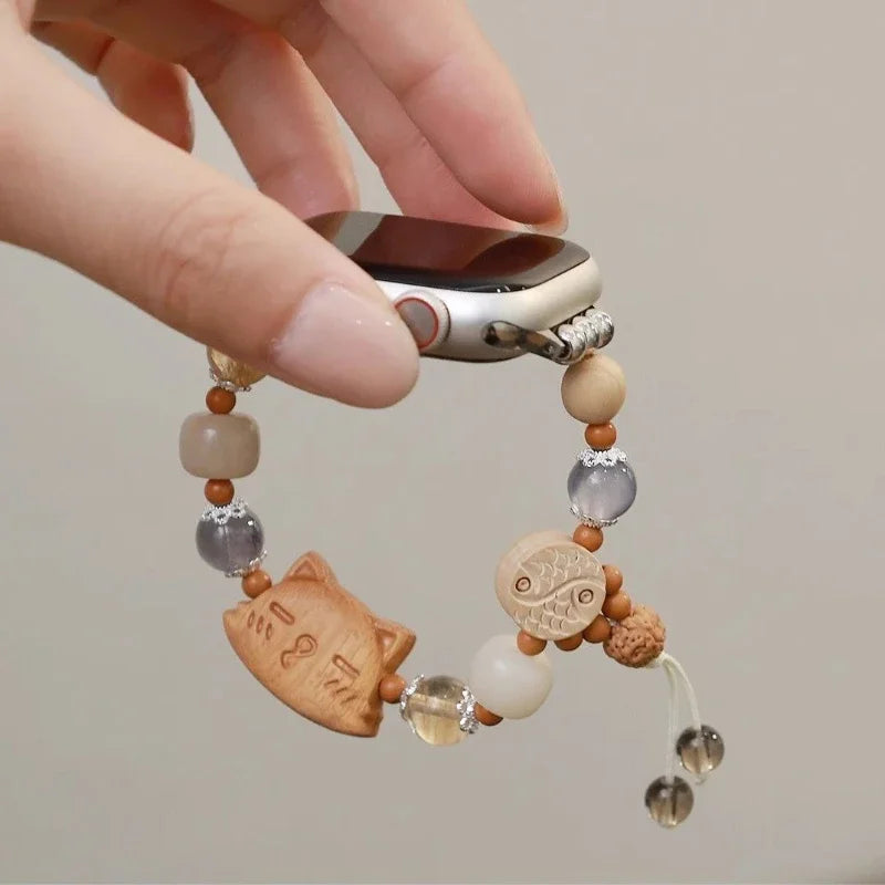 Wooden Cat Beaded Apple Watch Band – Handmade Bracelet Strap