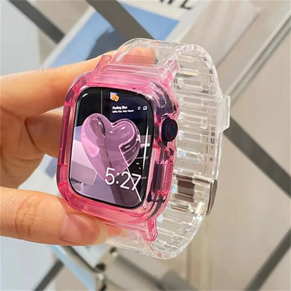 Cute transparent silicone Apple Watch band and case in pink, showcasing minimalistic Korean design for stylish protection.