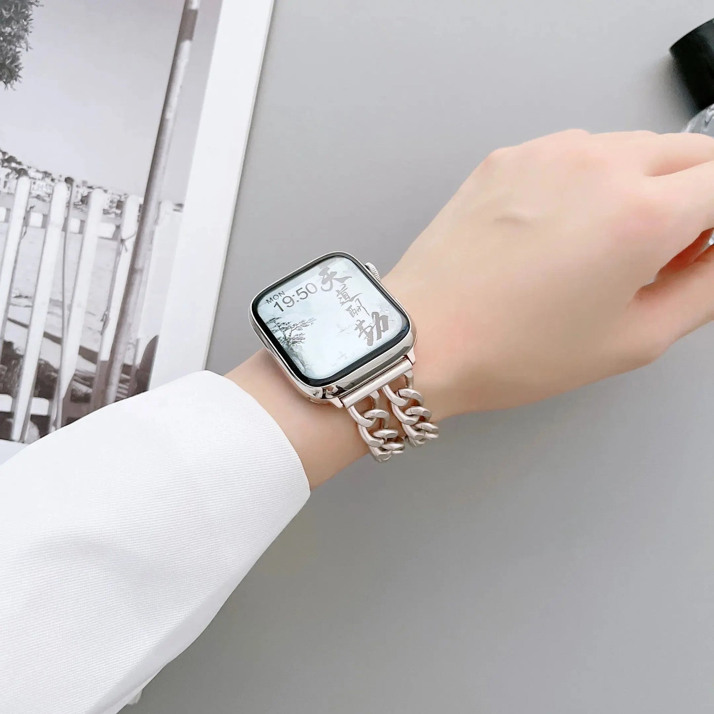 Luxury Starlight Bracelet on wrist, featuring stainless steel design with chunky chain for Apple Watch.