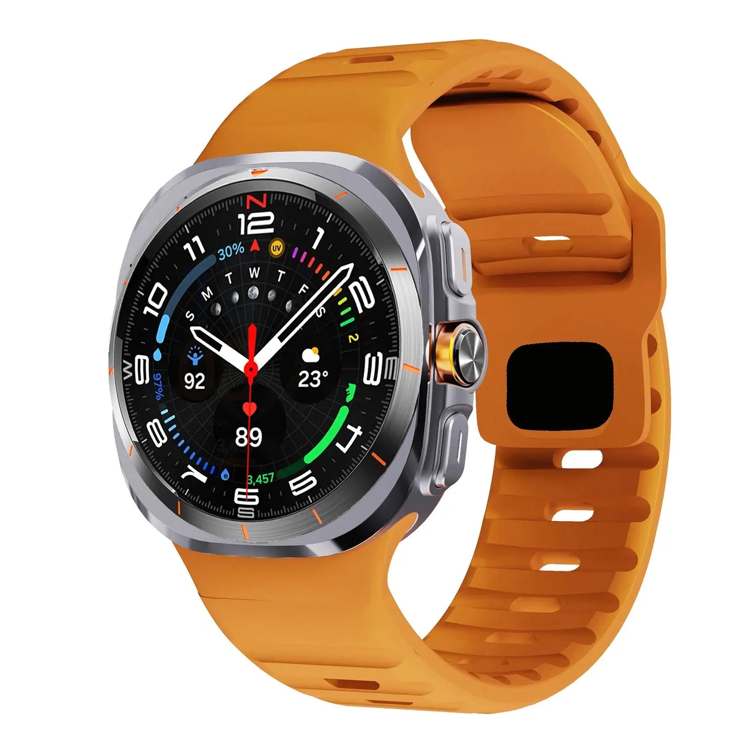 Rugged silicon band in orange on Samsung Galaxy Watch Ultra, highlighting sporty style and durability for active lifestyles.