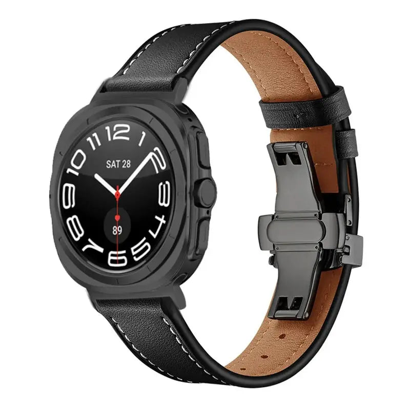 Classic Leather Ultra Band for Galaxy Watch Ultra showcasing a polished black leather design with a butterfly clasp.