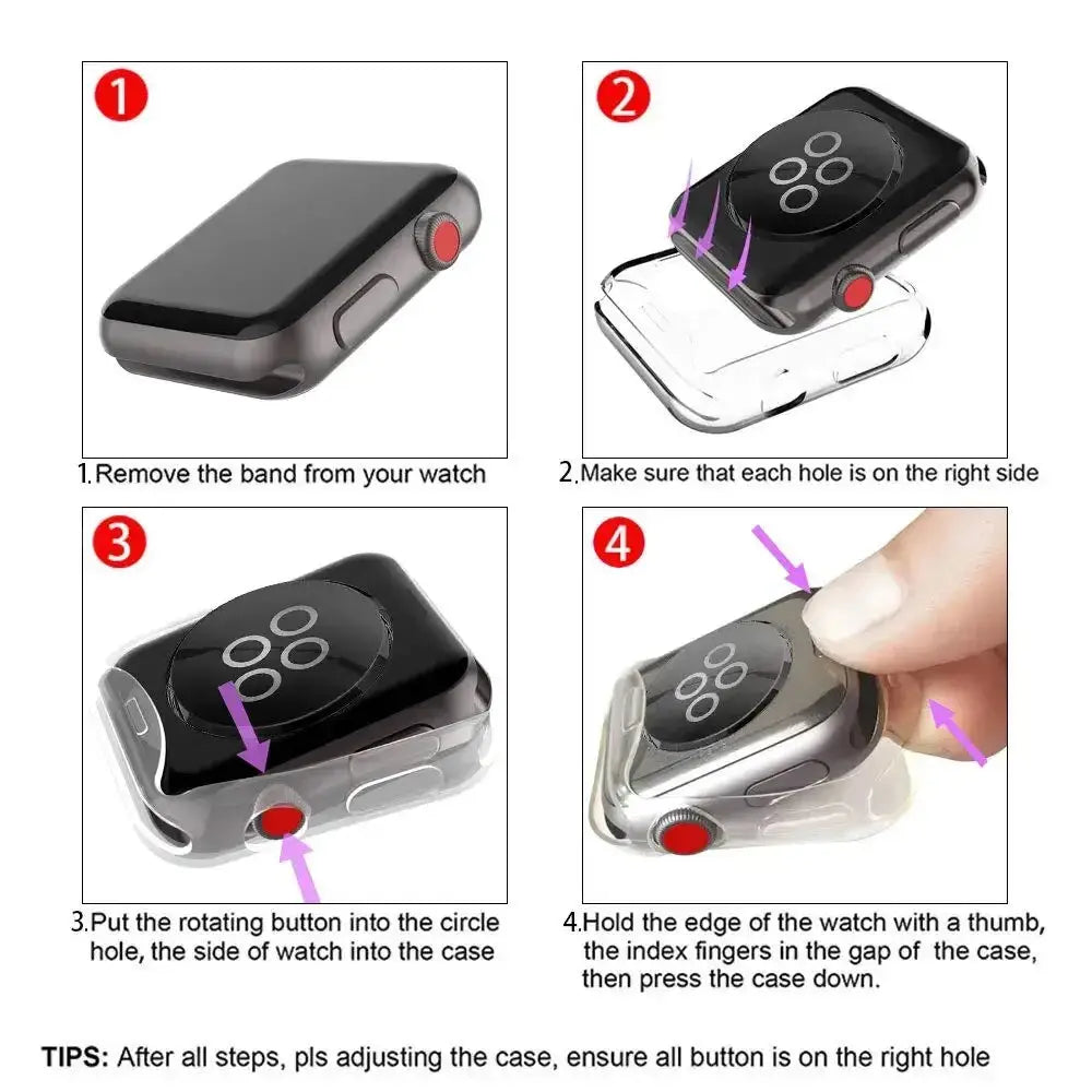 Installation guide for TPU 360 Degree Protection Case for Apple Watch Series 10 showing step-by-step process.