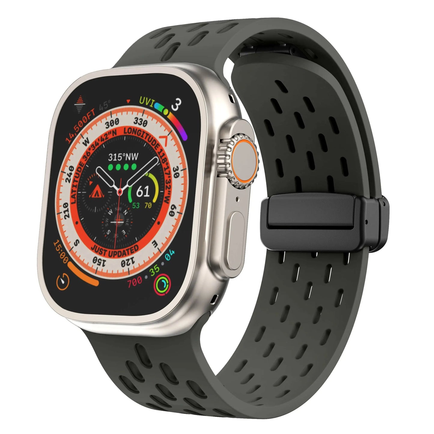 Breathable silicone magnetic clasp band on an Apple Watch, designed for active lifestyles with optimal airflow.
