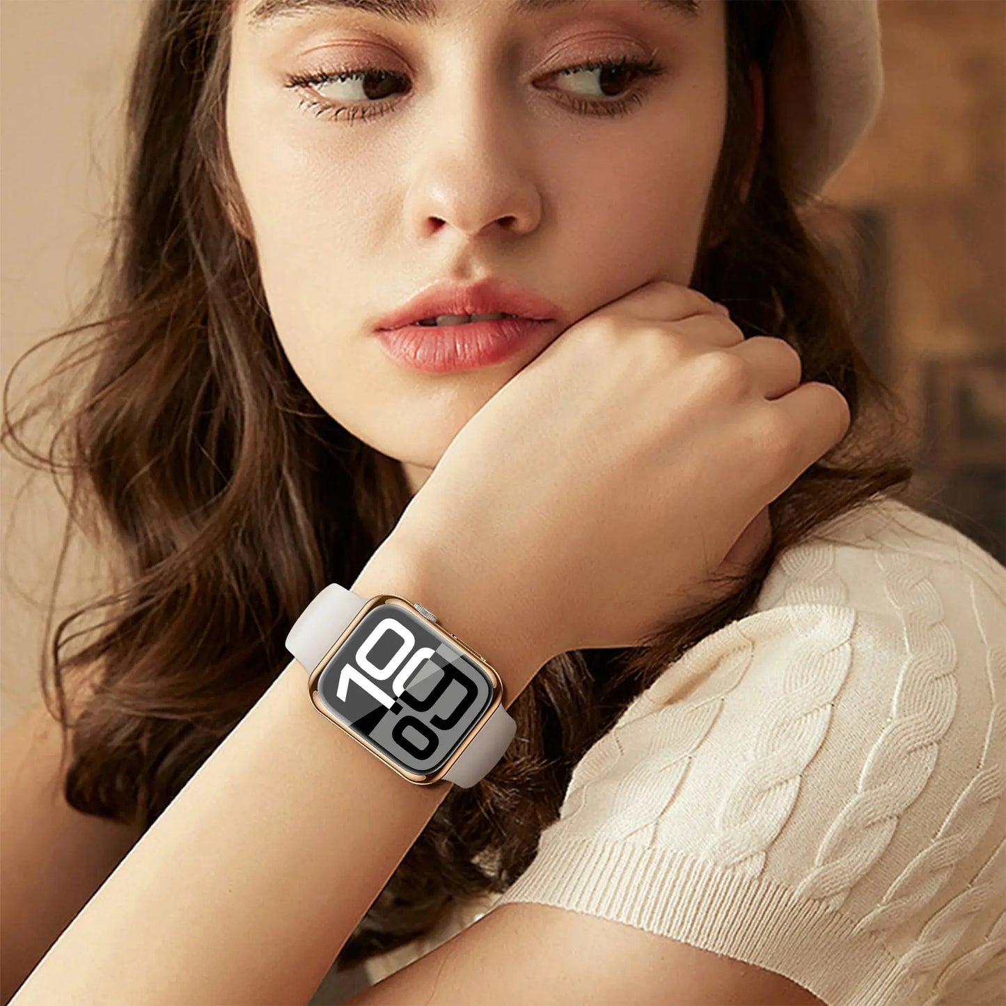 Woman wearing an Apple Watch Series 10 with a TPU 360-degree protection case, showcasing stylish and durable daily wear.