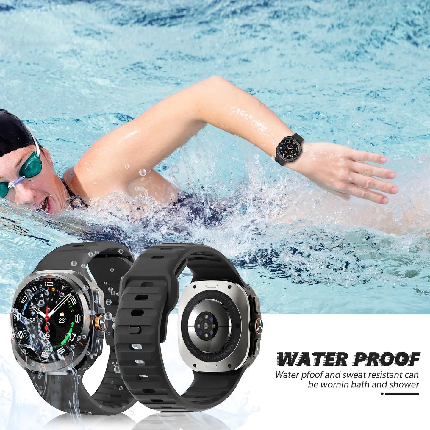 Waterproof Rugged Silicon Bands for Samsung Galaxy Watch Ultra, perfect for swimming and active lifestyles.