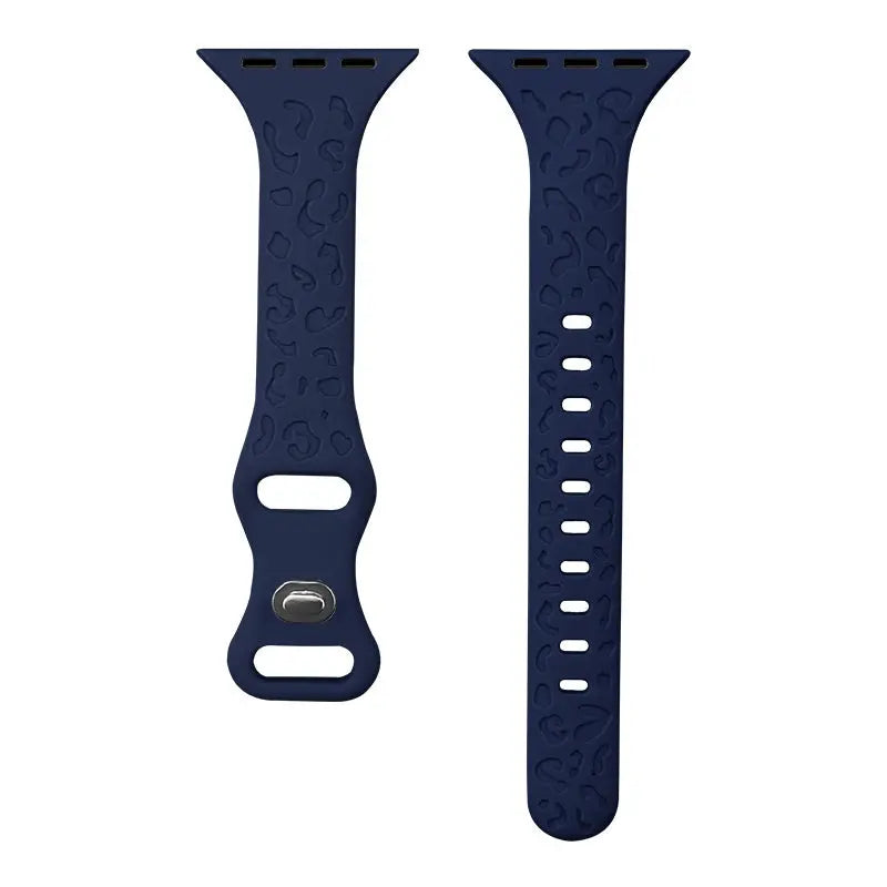 Navy blue engraved silicone band with leopard pattern for Apple Watch, combining style and individuality.