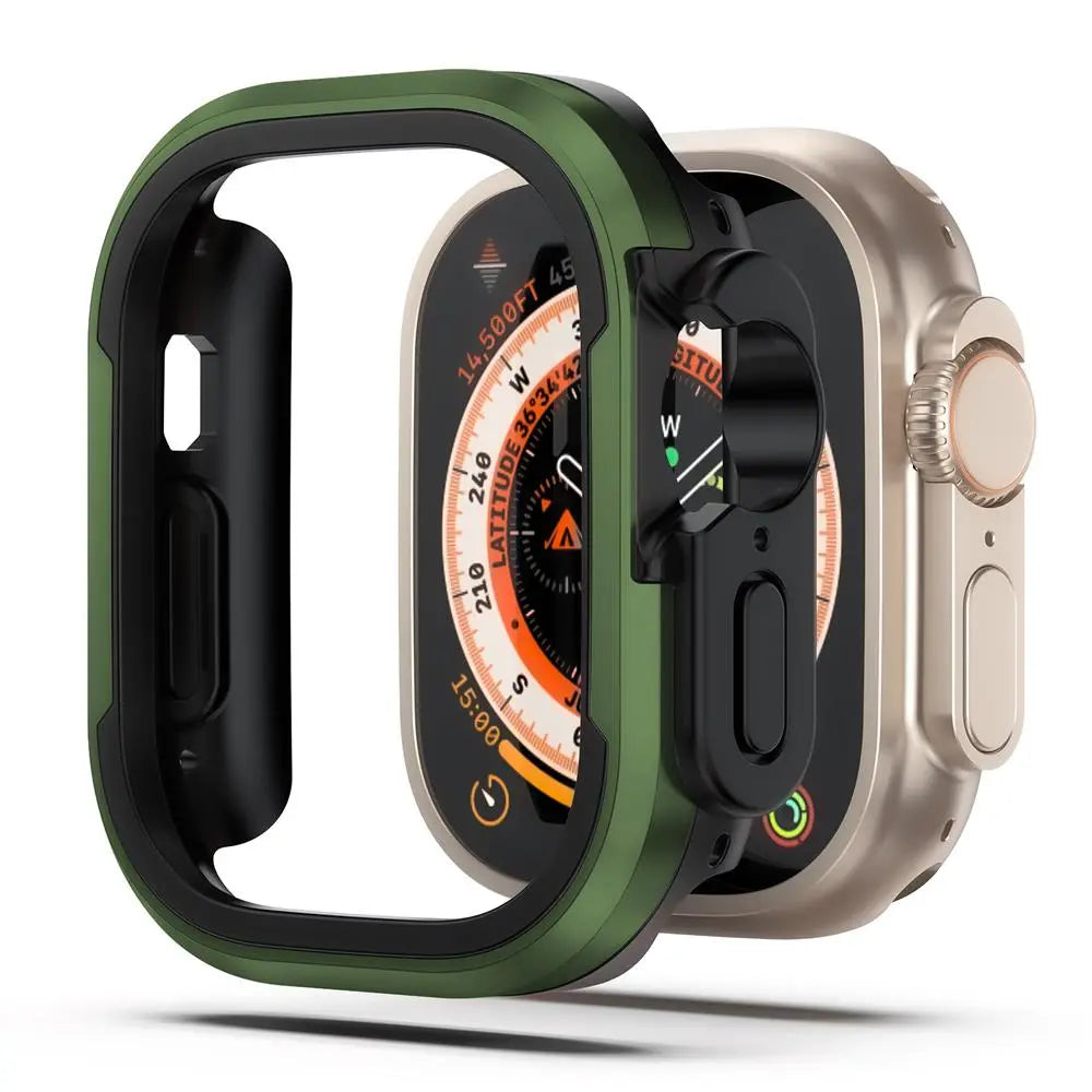 Heavy duty shockproof case for Apple Watch with aluminum alloy frame and TPU bumper in black and green colors.