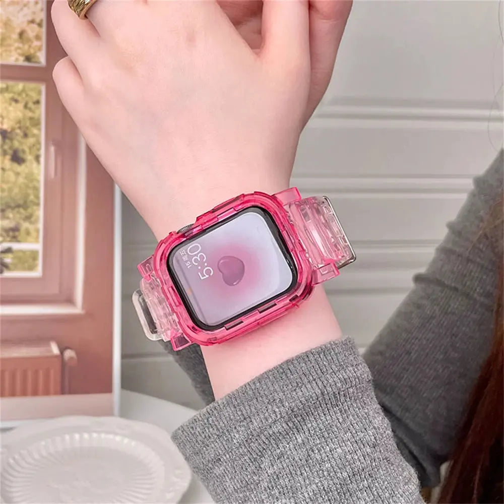 Korean cute transparent silicone Apple Watch band in pink on wrist, showcasing minimalist design and protective case.