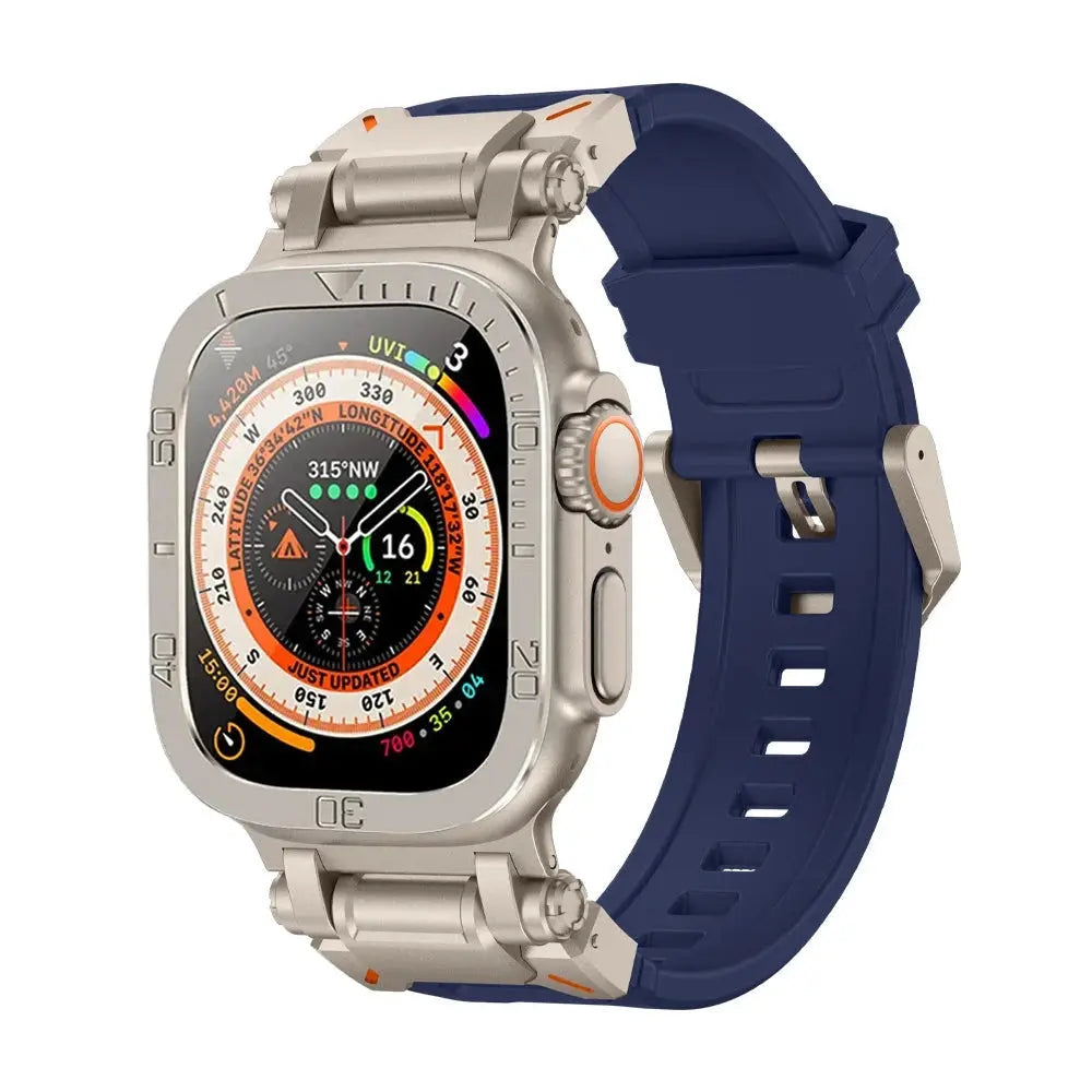 Rugged silicon band for Apple Watch Ultra 49mm with metal case and glass screen protector, showcasing sporty design.