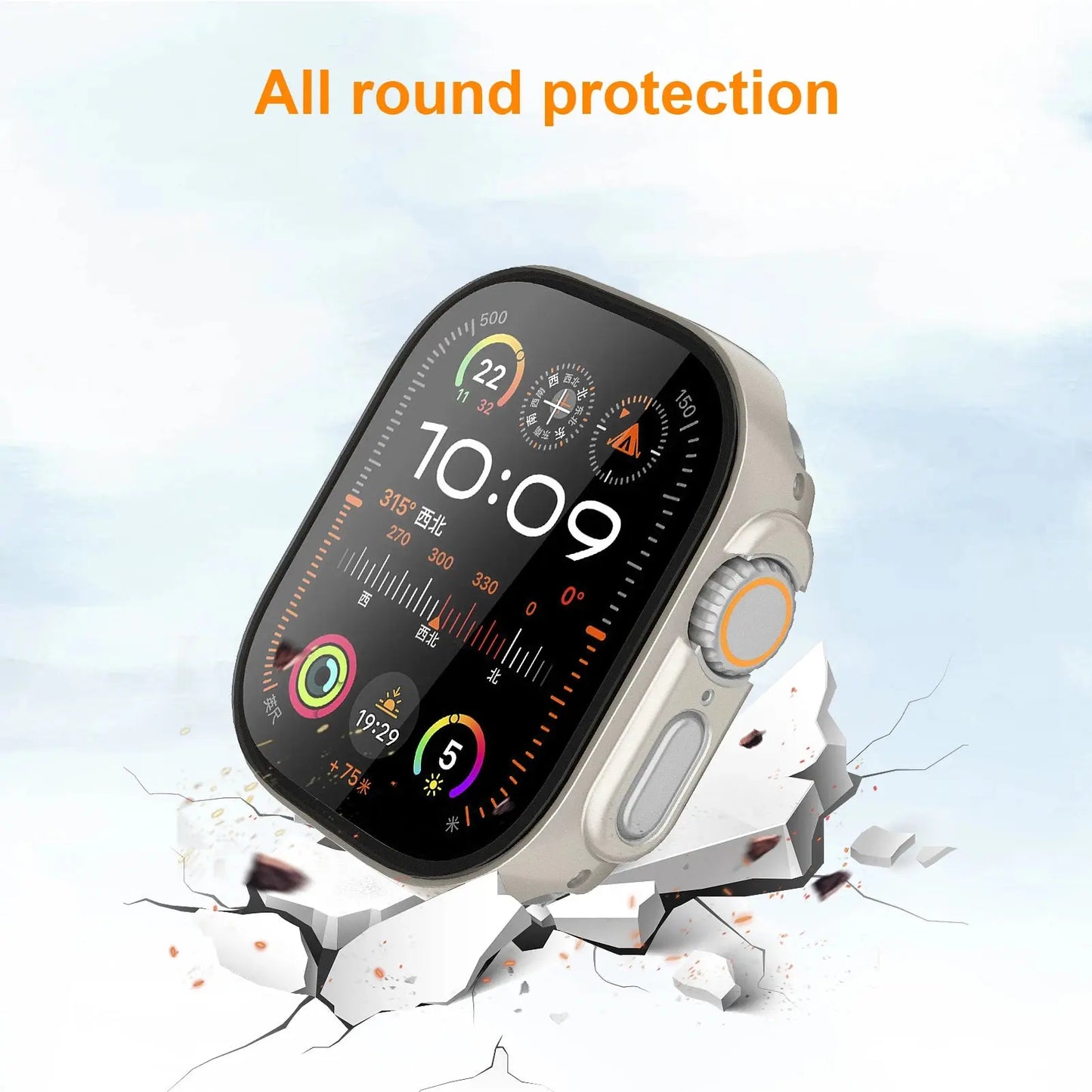 Apple Watch case with all-round protection, showcasing anti-spy tempered glass and durable design for secure usage.
