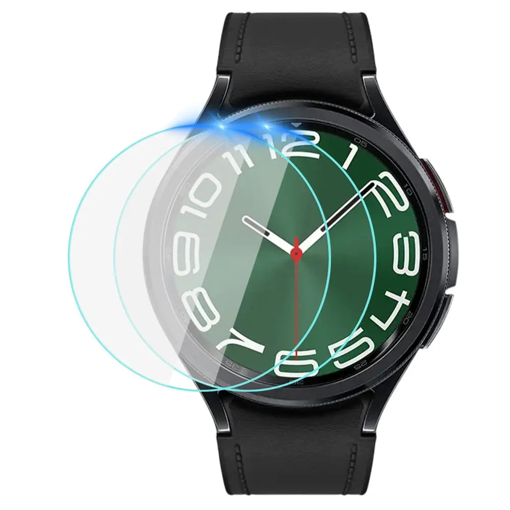 Tempered glass screen protector for Samsung Galaxy Watch 6, showcasing bubble-free application and crystal-clear view.
