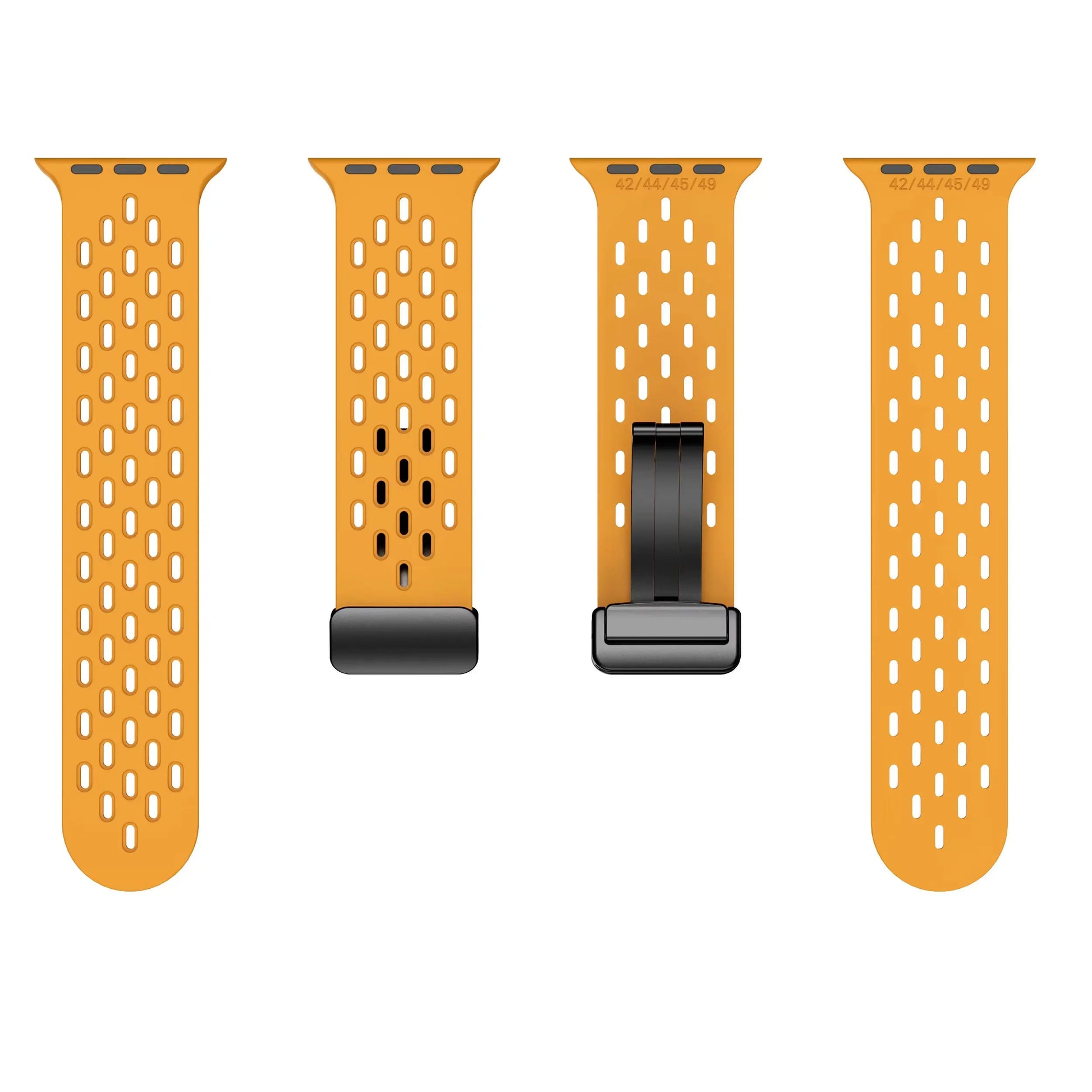 Orange breathable silicone bands with magnetic clasp, designed for Apple Watch and active lifestyles.