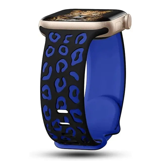 Dual color silicone engraved band for Apple Watch with blue and leopard print design, stylish and comfortable.
