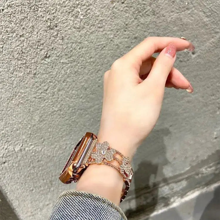 Gorgeous rhinestones bracelet on a hand, showcasing elegance and sophistication for Apple Watch users.