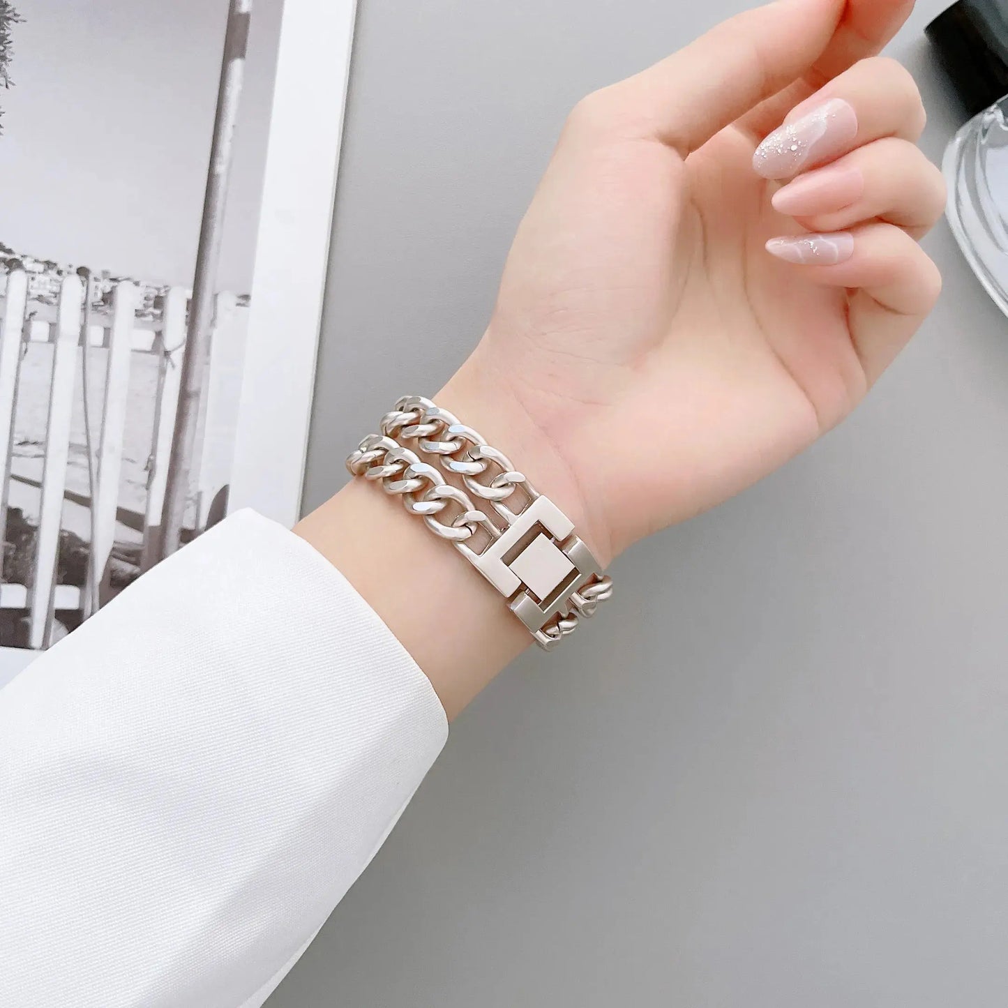 Luxury Starlight Bracelet on a woman's wrist, showcasing a stylish stainless steel chain design perfect for everyday wear.