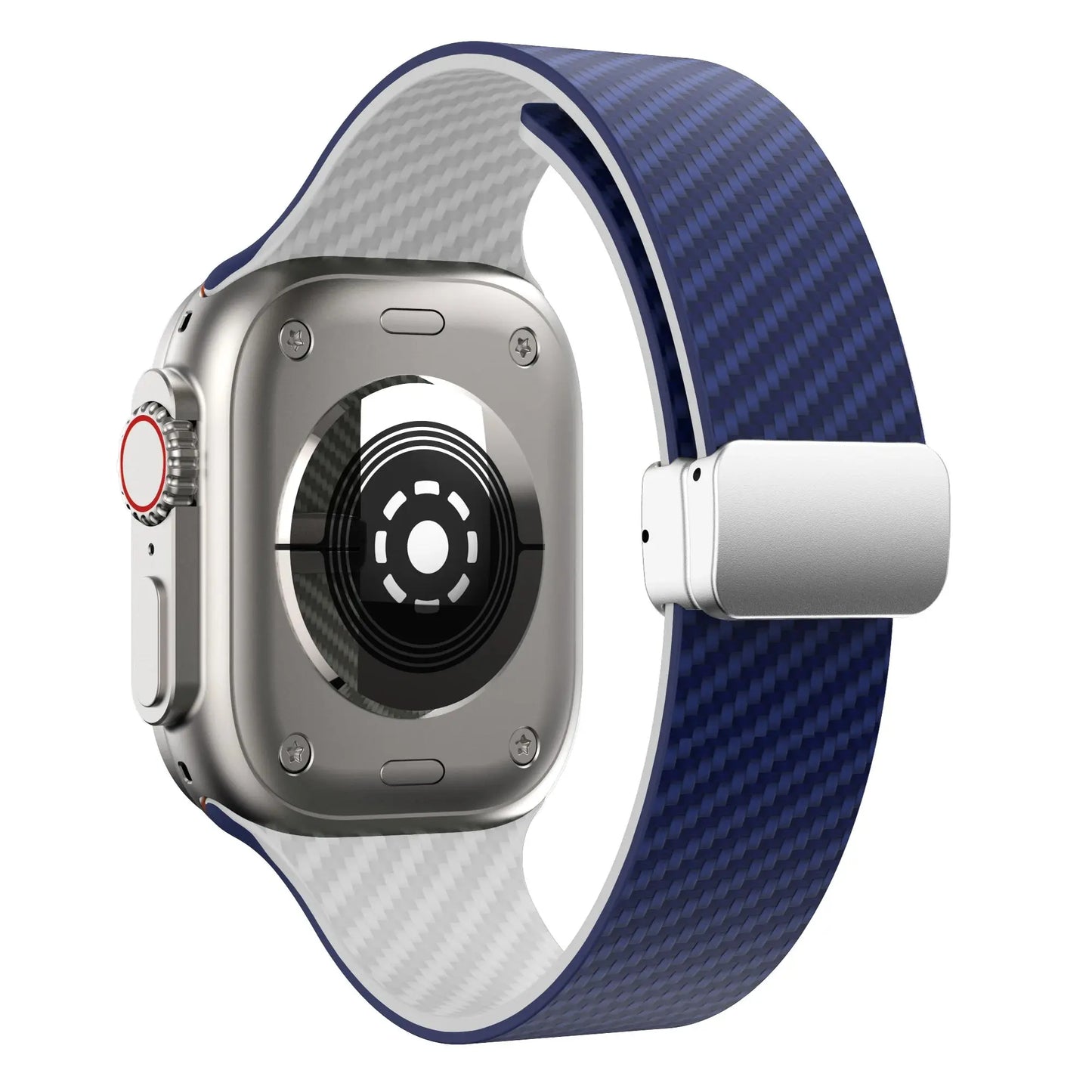Silicon magnetic clasp band for Apple Watch in blue, showcasing its stylish design and durable silicone material.