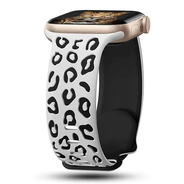 Dual color silicone engraved Apple Watch band with leopard print design, stylish and comfortable for any occasion.