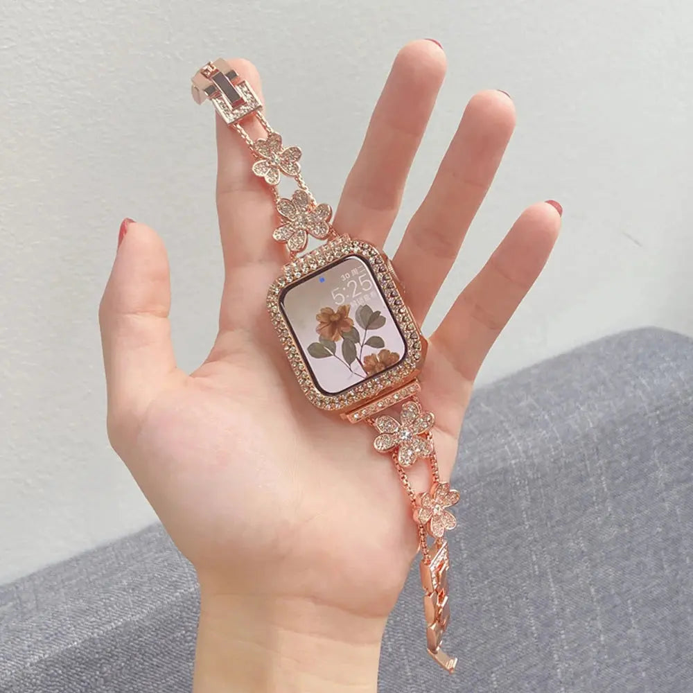 Gorgeous rhinestones bracelet and case for Apple Watch, featuring elegant flower design and sparkling details.