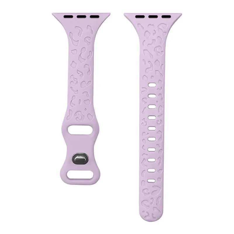 Engraved slim silicon band in lavender featuring a leopard pattern, perfect for Apple Watch style and individuality.