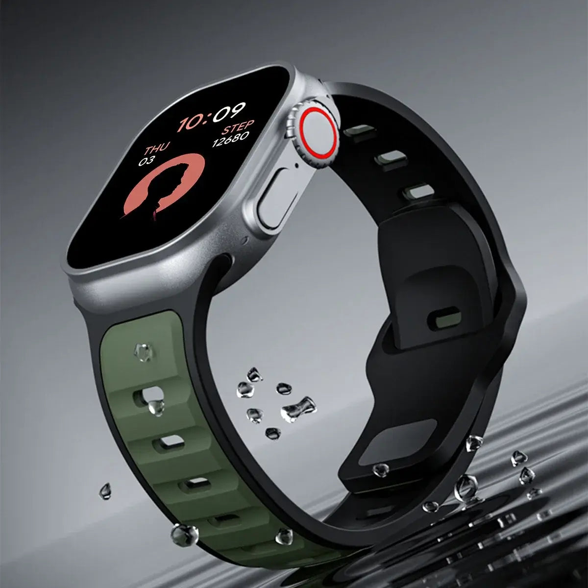 Trendy rugged silicon dual tone sports band in green and black, perfect for active lifestyles with Apple Watch.